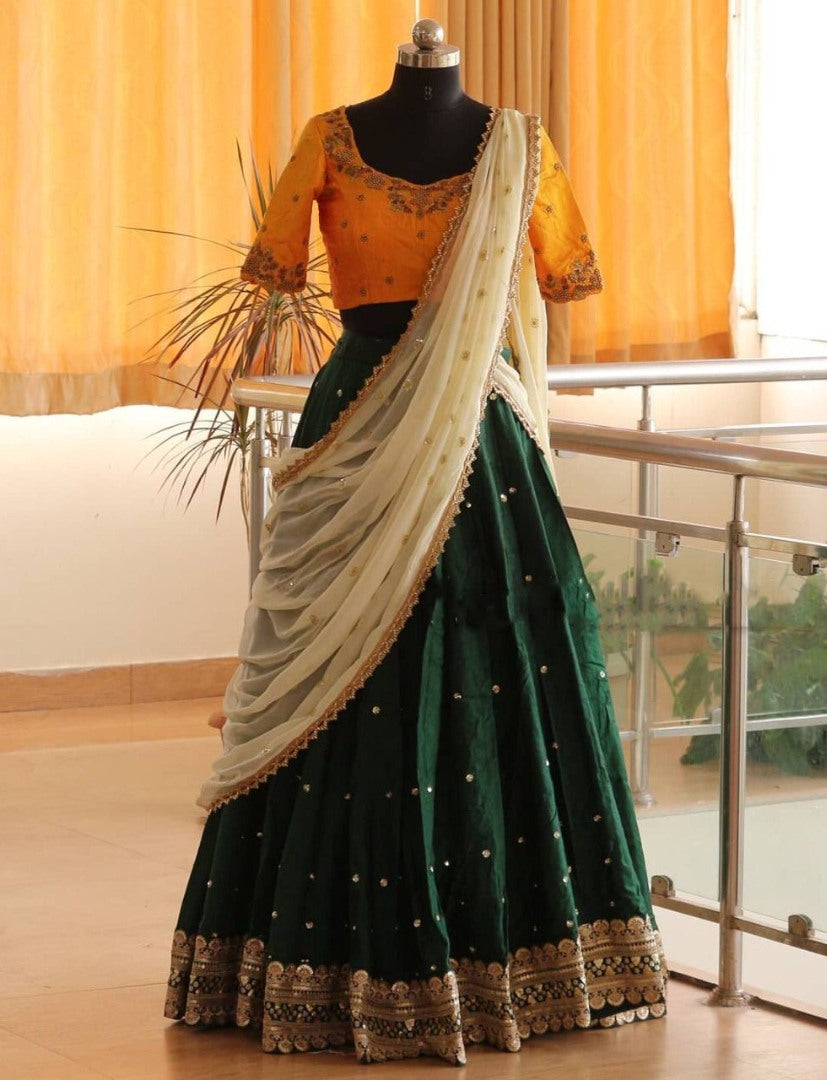 Green banglory sequins embroidery work lehenga choli