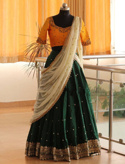 Green banglory sequins embroidery work lehenga choli