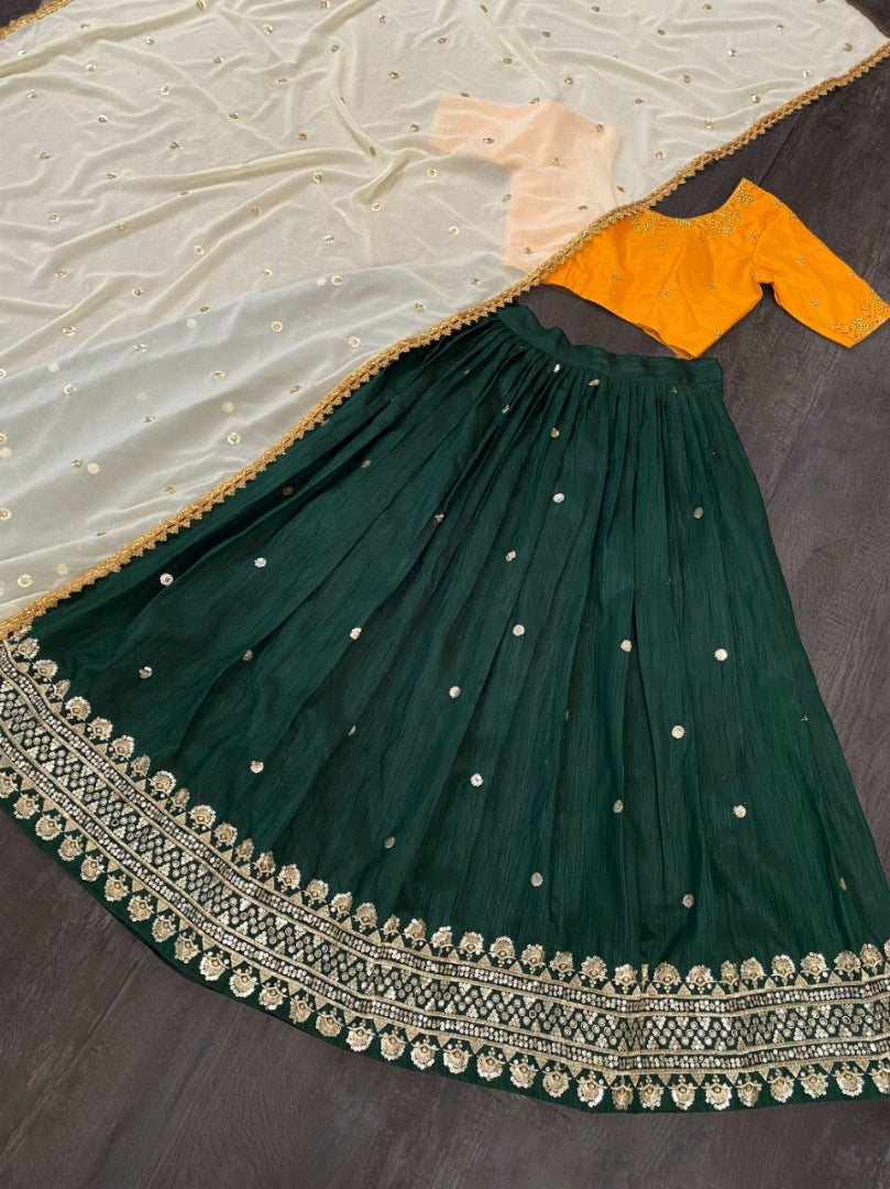 Green banglory sequins embroidery work lehenga choli