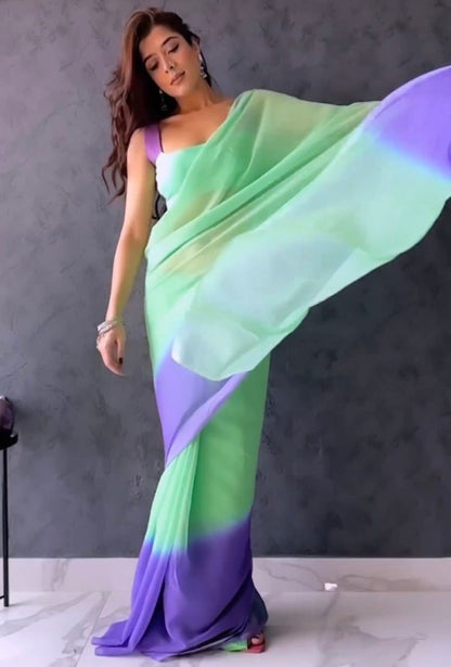Green blue georgette printed saree