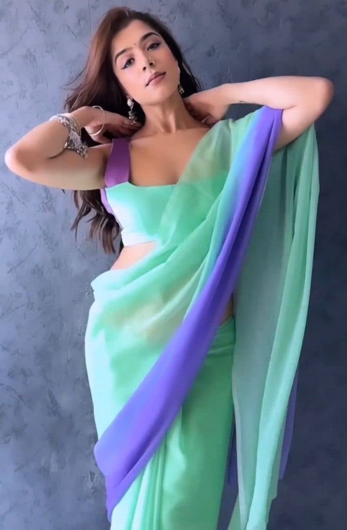 Green blue georgette printed saree