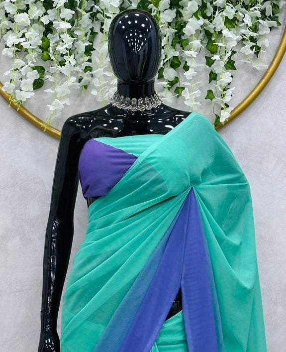 Green blue georgette printed saree