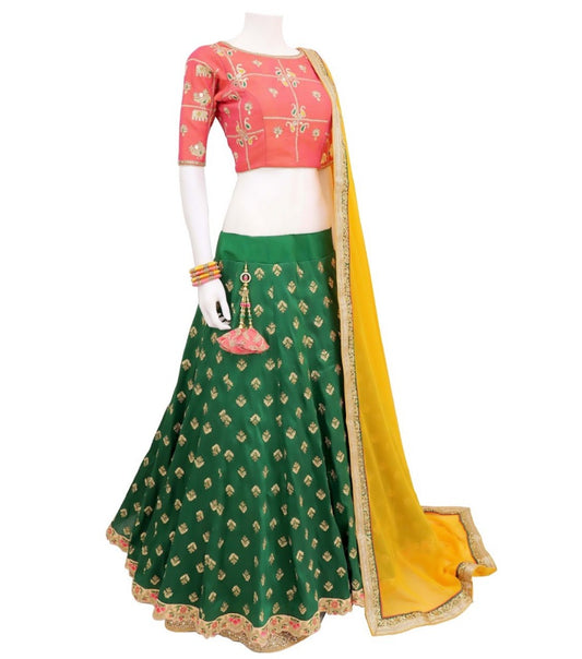 green bride banarasi silk embroidered festival lehenga