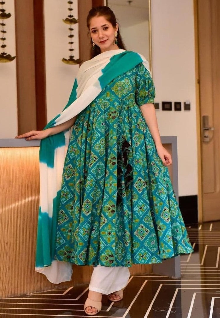 Green butter silk bandhni digital printed anarkali suit