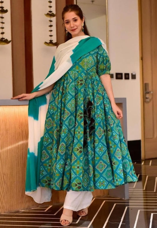 Green butter silk bandhni digital printed anarkali suit