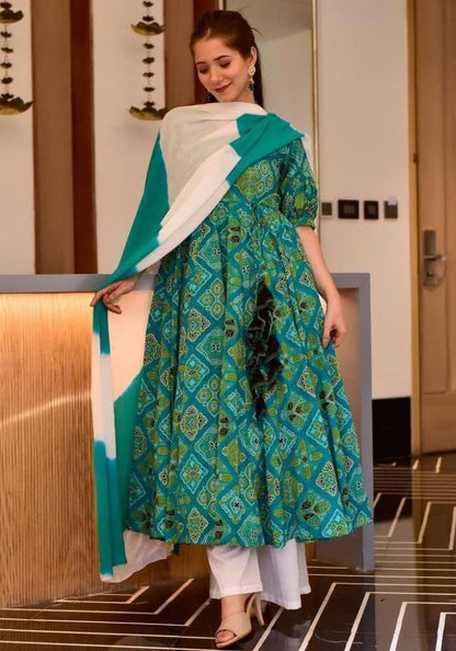 Green butter silk bandhni digital printed anarkali suit