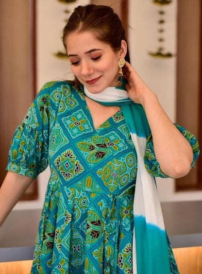 Green butter silk bandhni digital printed anarkali suit