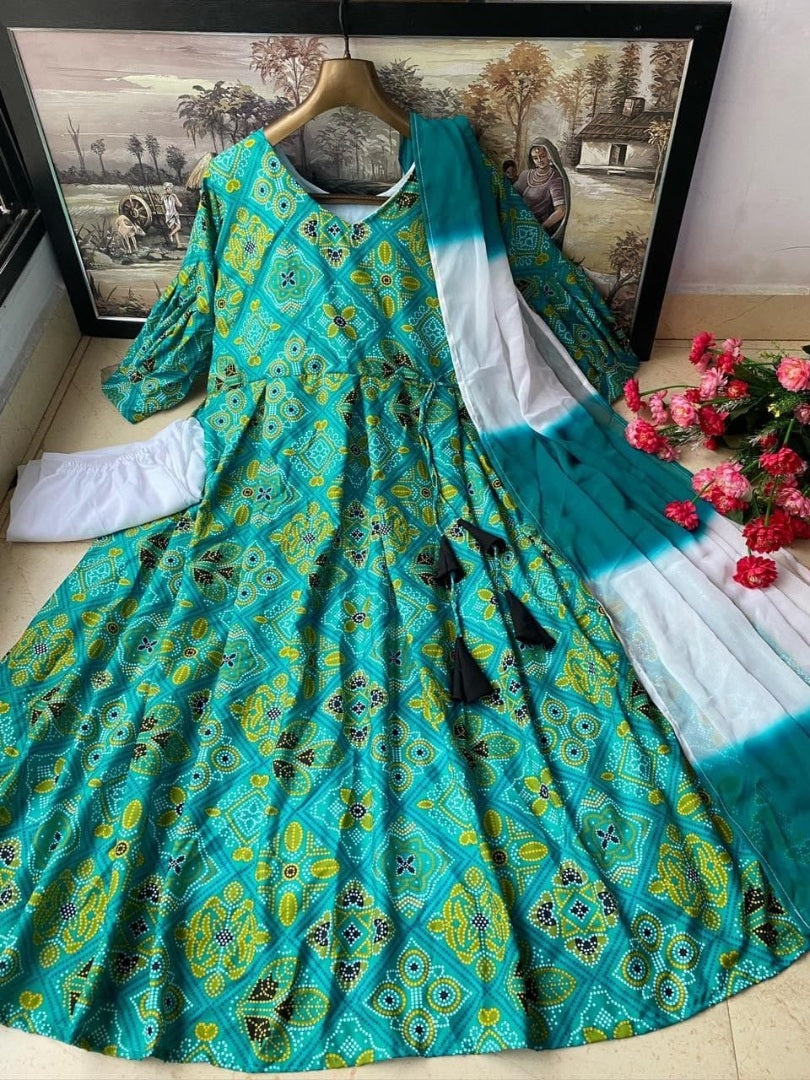 Green butter silk bandhni digital printed anarkali suit