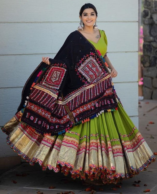 Green butter silk digital printed and real mirror work lehenga choli