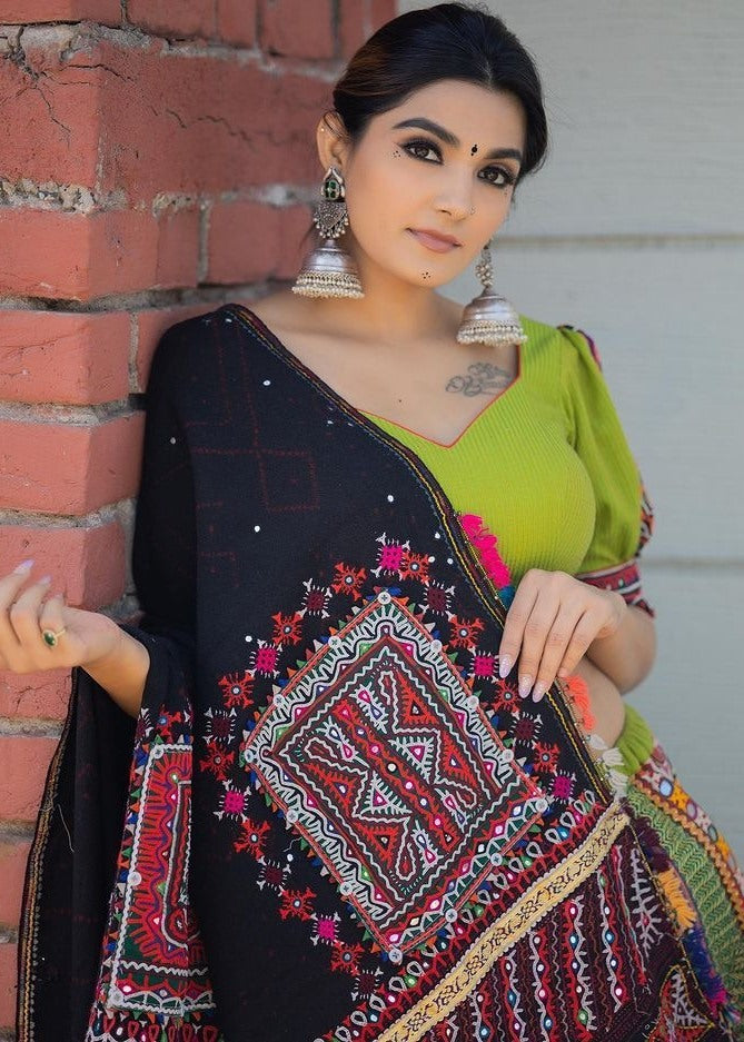 Green butter silk digital printed and real mirror work lehenga choli