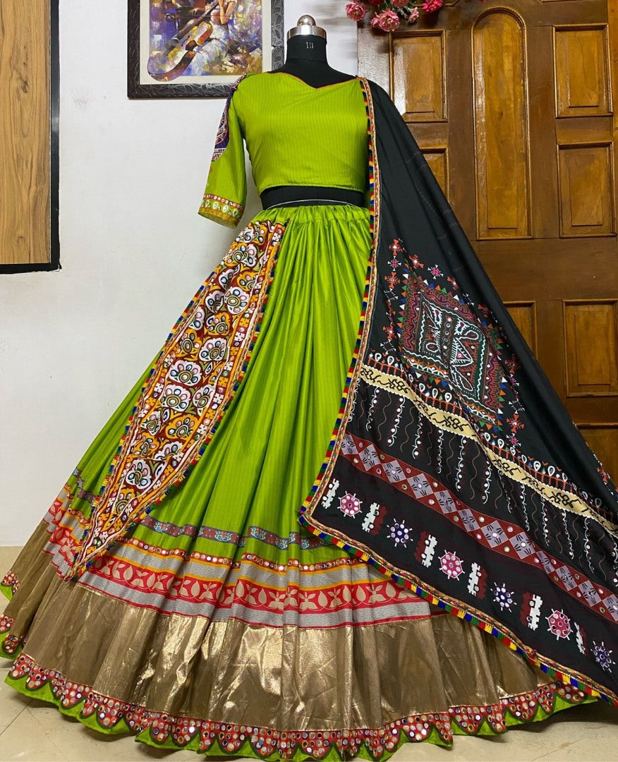 Green butter silk digital printed and real mirror work lehenga choli