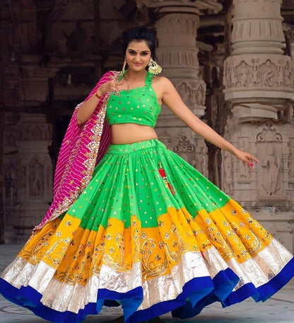 Green butter silk digital printed real mirror work lehenga choli