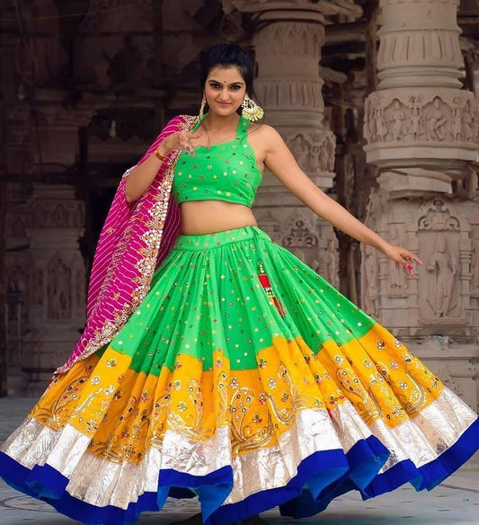 Green butter silk digital printed real mirror work lehenga choli