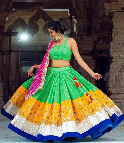 Green butter silk digital printed real mirror work lehenga choli