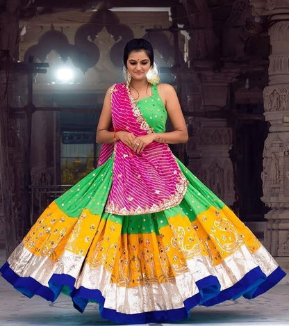 Green butter silk digital printed real mirror work lehenga choli