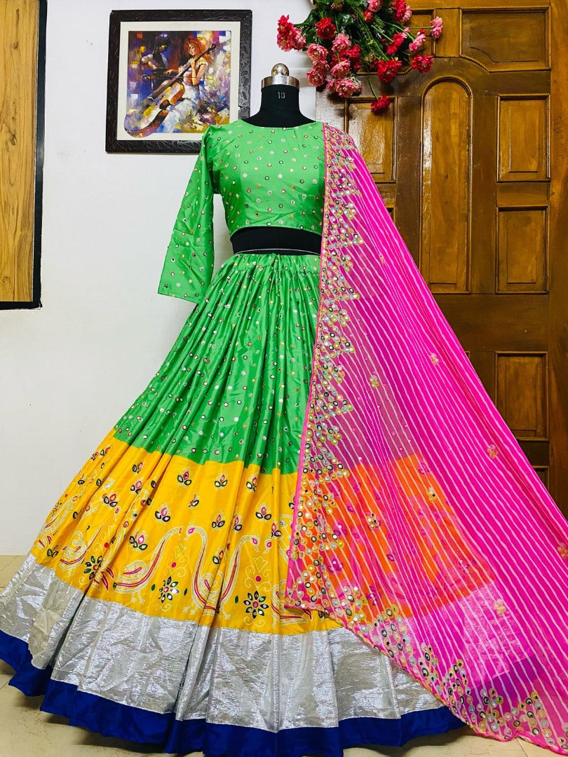 Green butter silk digital printed real mirror work lehenga choli