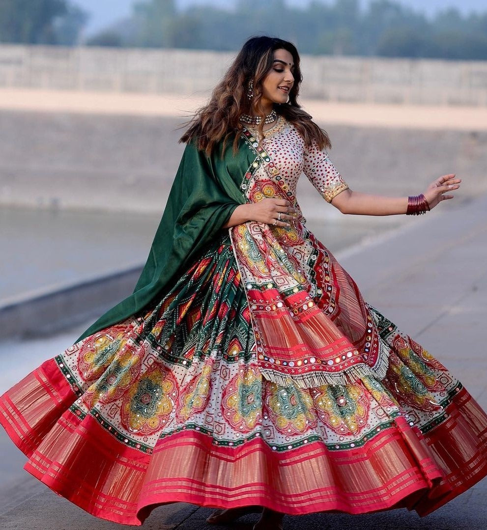 Green butter silk digitla print and real mirror work lehenga choli