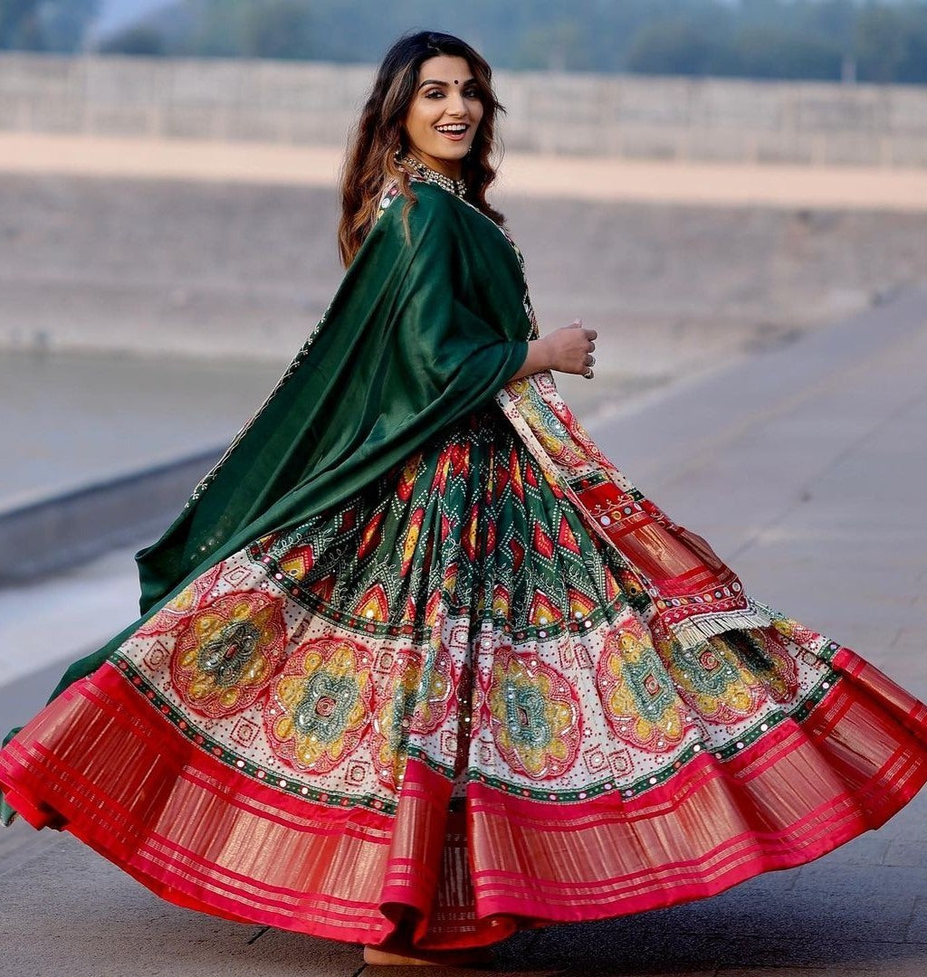 Green butter silk digitla print and real mirror work lehenga choli