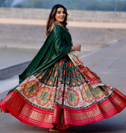 Green butter silk digitla print and real mirror work lehenga choli