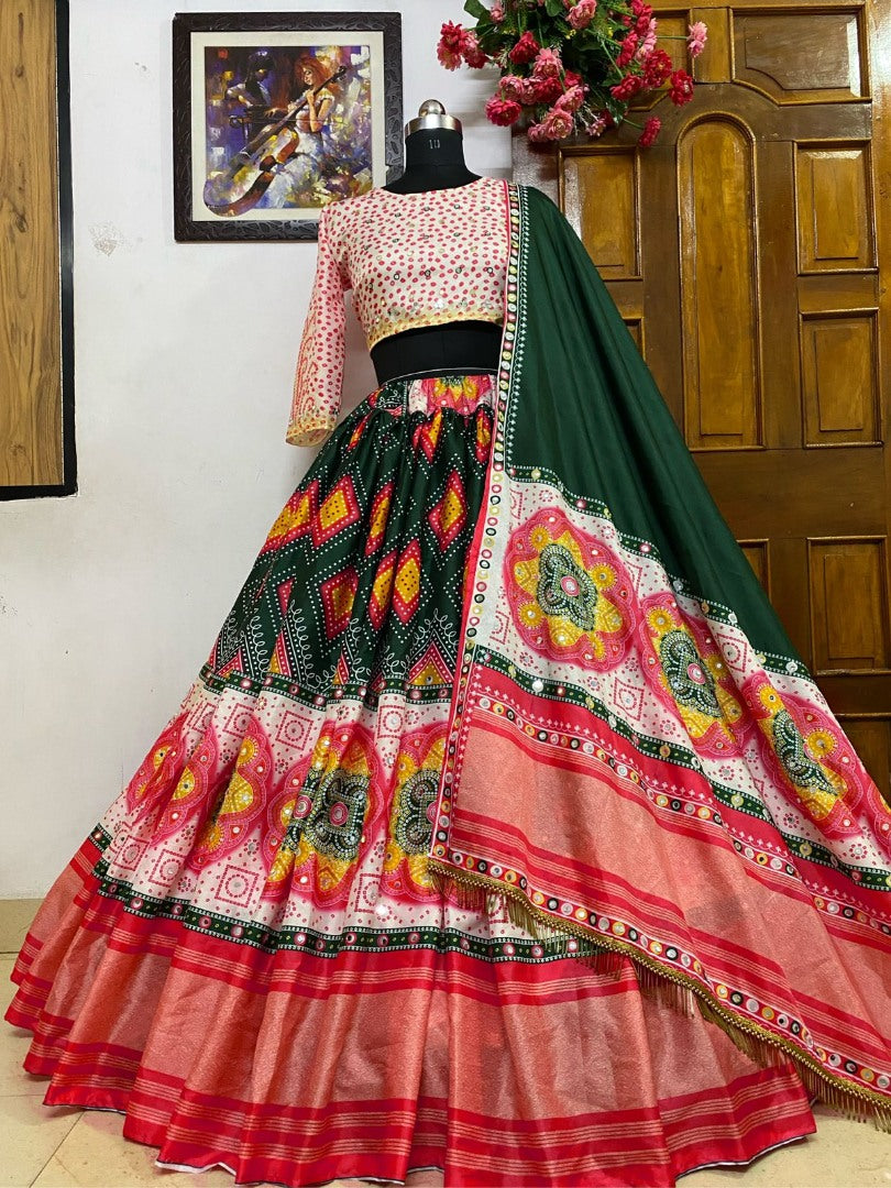 Green butter silk digitla print and real mirror work lehenga choli
