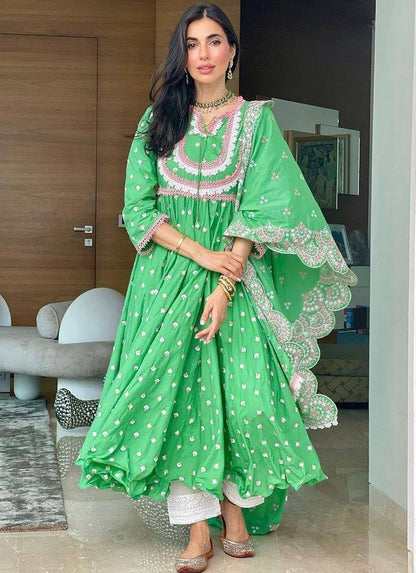 Green butter silk embroidered anarkali suit