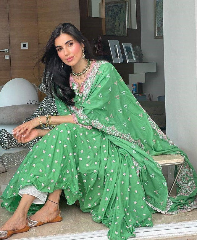 Green butter silk embroidered anarkali suit