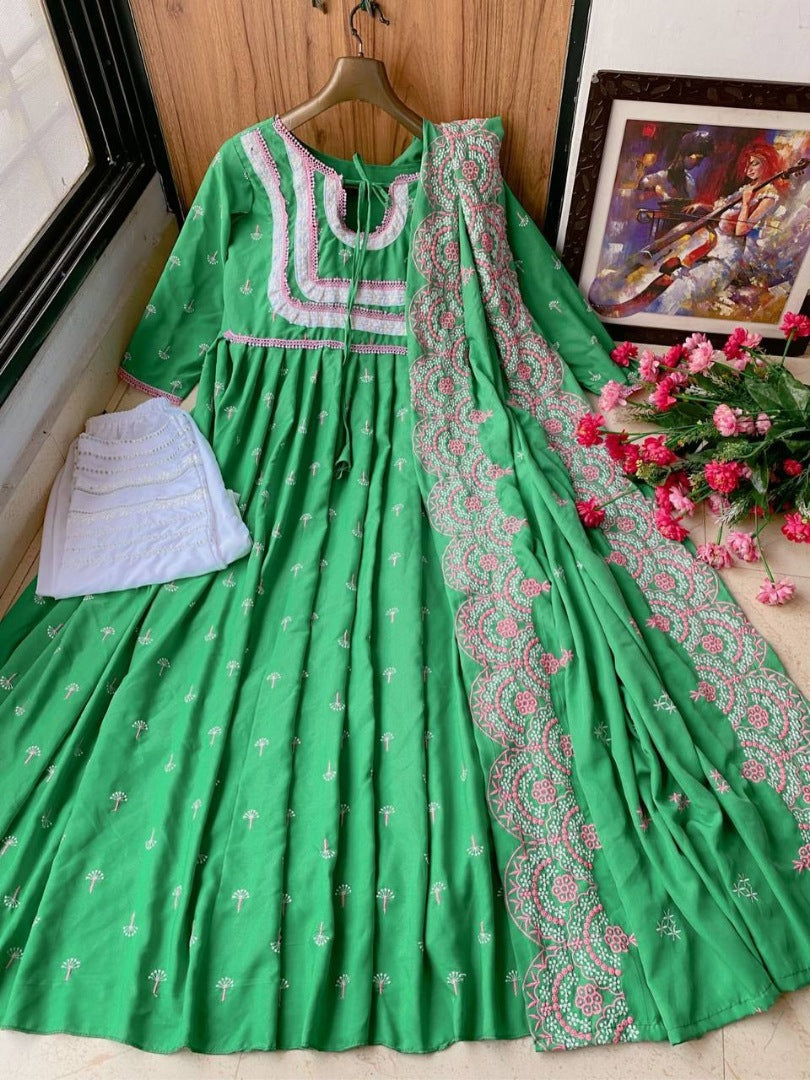Green butter silk embroidered anarkali suit