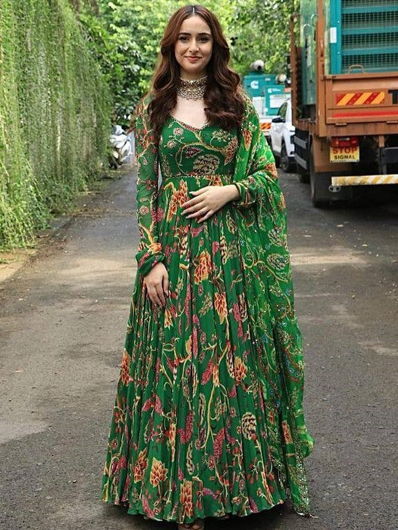 Green butter silk floral printed party wear long anarkali suit