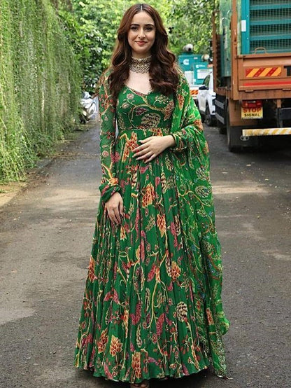 Green butter silk floral printed party wear long anarkali suit