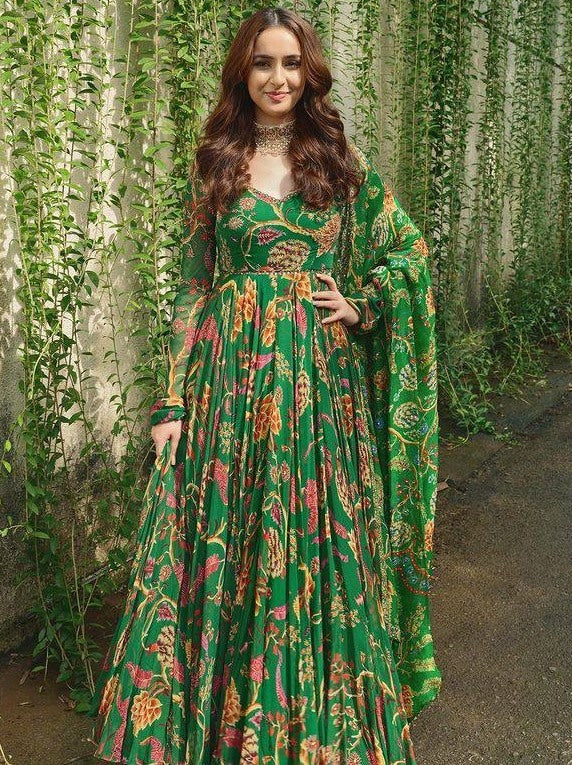 Green butter silk floral printed party wear long anarkali suit