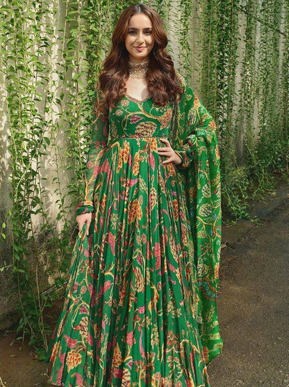 Green butter silk floral printed party wear long anarkali suit