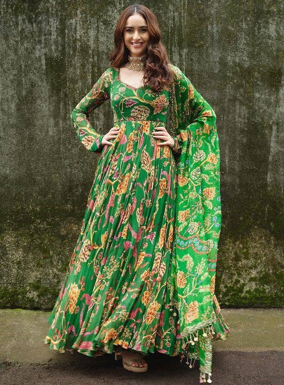 Green butter silk floral printed party wear long anarkali suit