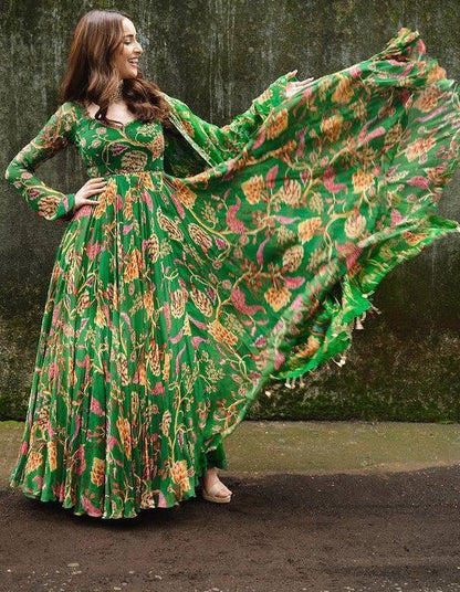 Green butter silk floral printed party wear long anarkali suit