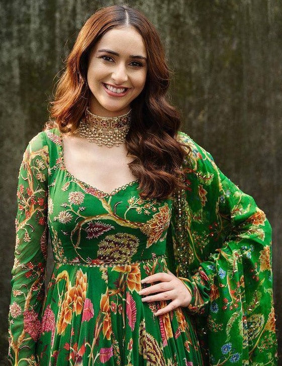 Green butter silk floral printed party wear long anarkali suit