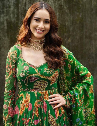 Green butter silk floral printed party wear long anarkali suit