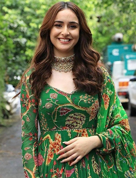 Green butter silk floral printed party wear long anarkali suit