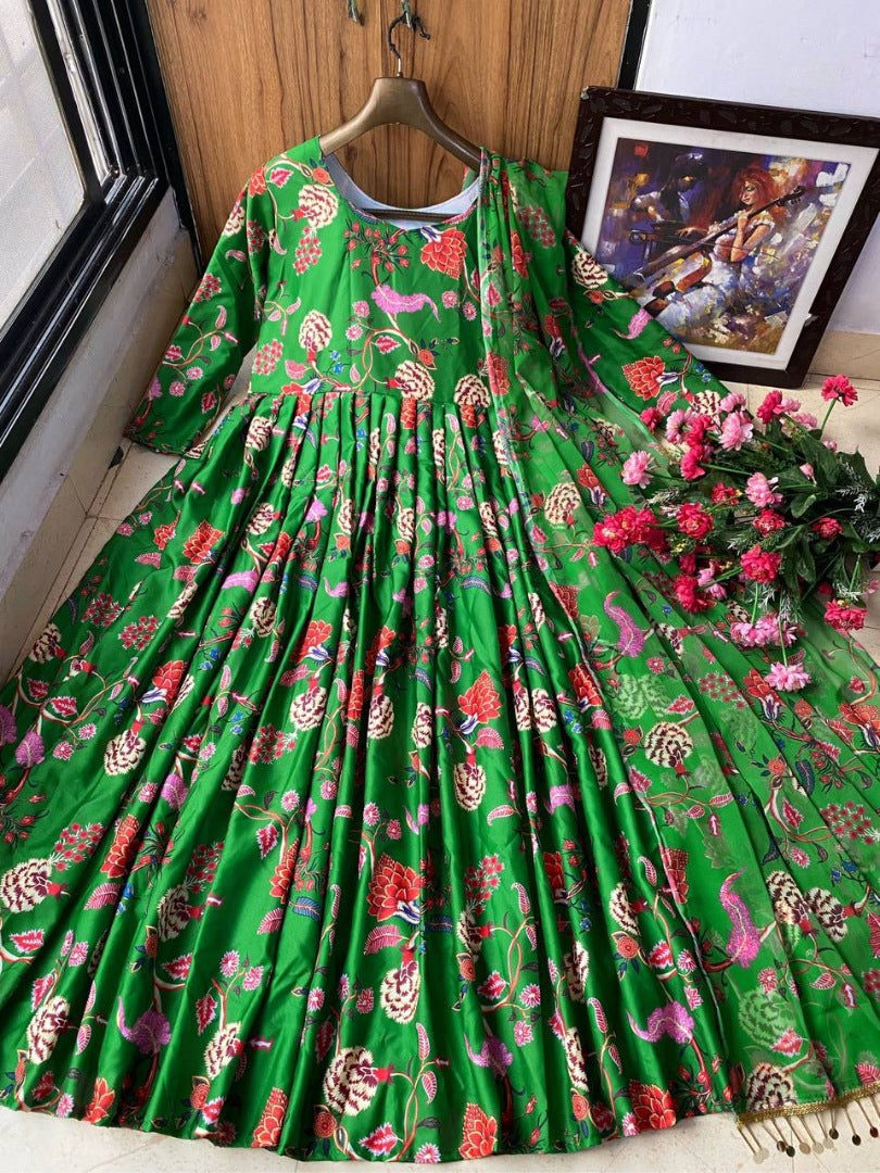 Green butter silk floral printed party wear long anarkali suit