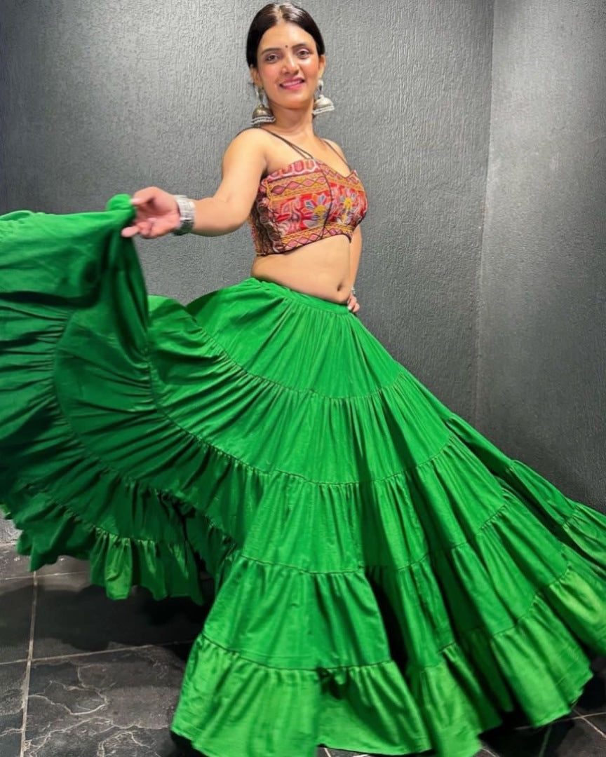 Green butter silk heavy flair crop top lehenga for navratri