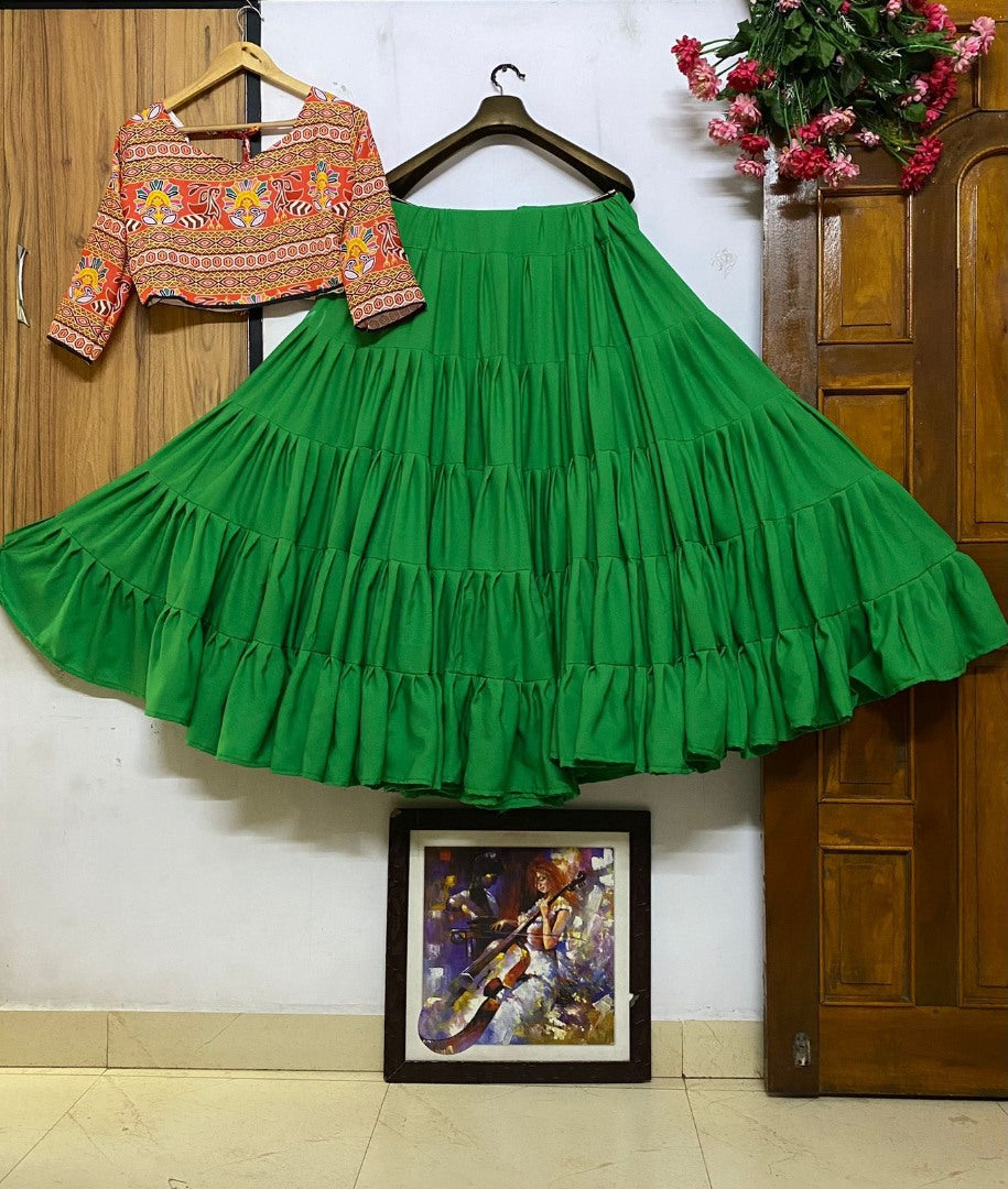 Green butter silk heavy flair crop top lehenga for navratri