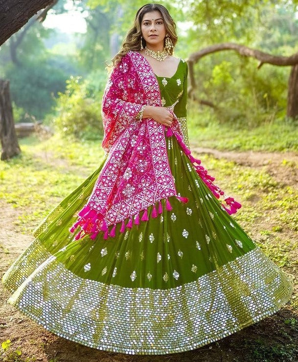 Green butter silk heavy real mirror work wedding lehenga choli