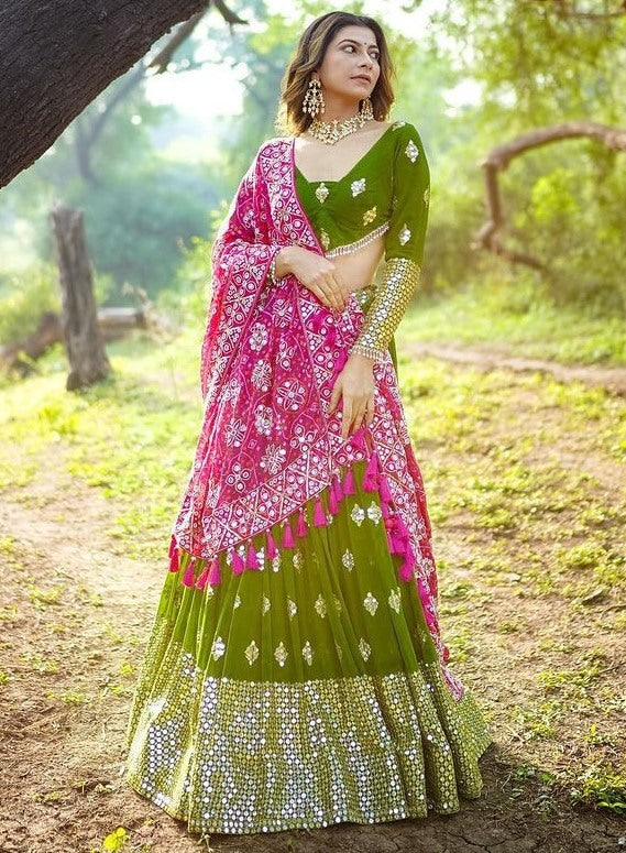 Green butter silk heavy real mirror work wedding lehenga choli