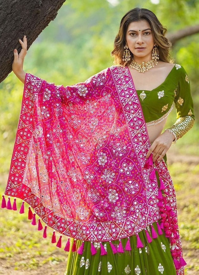 Green butter silk heavy real mirror work wedding lehenga choli