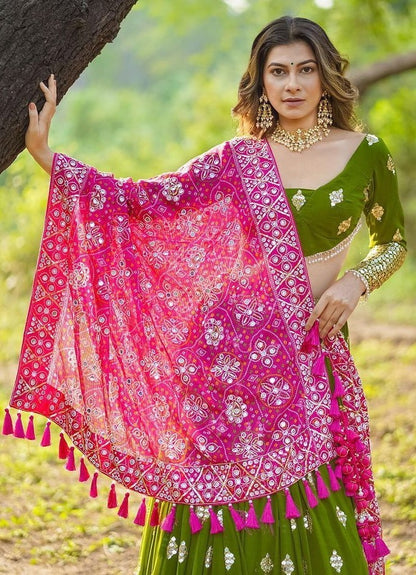 Green butter silk heavy real mirror work wedding lehenga choli