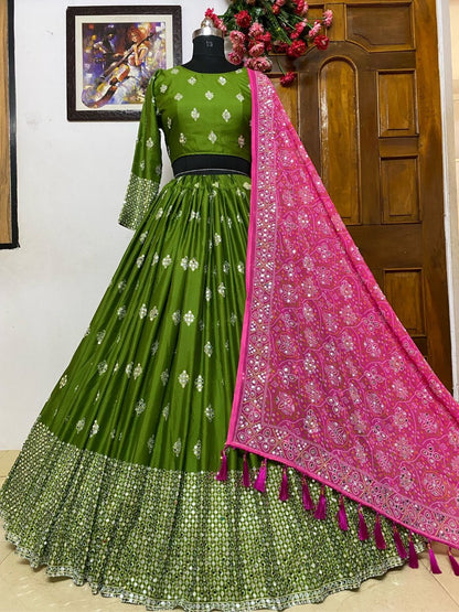 Green butter silk heavy real mirror work wedding lehenga choli