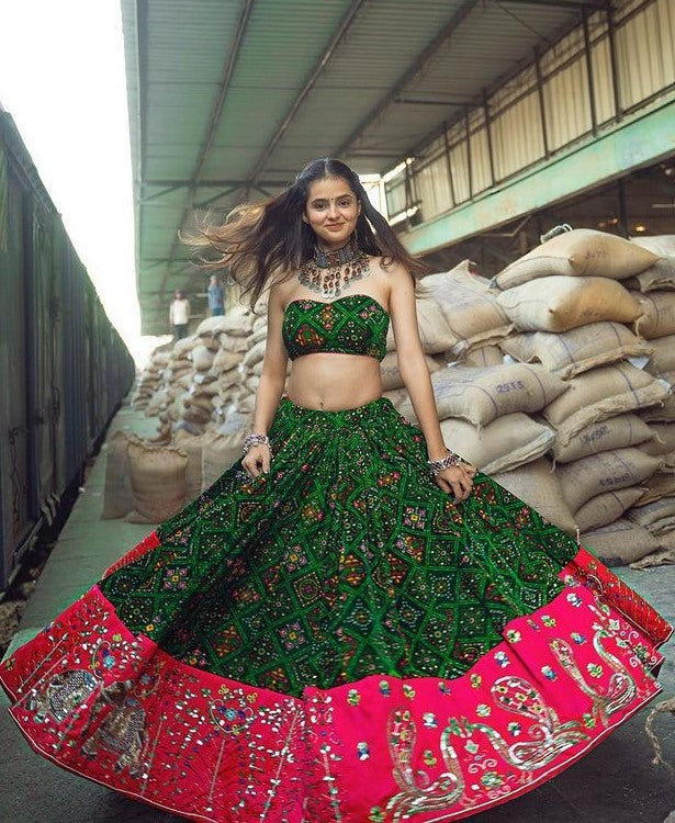 Green butter silk printed and mirror work lehenga choli