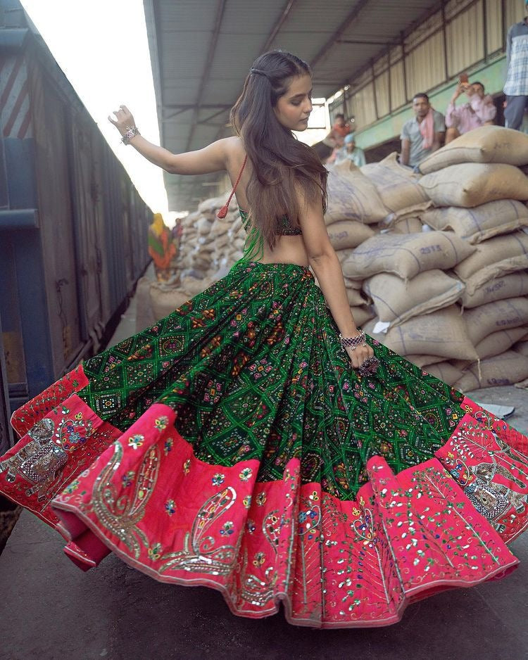 Green butter silk printed and mirror work lehenga choli