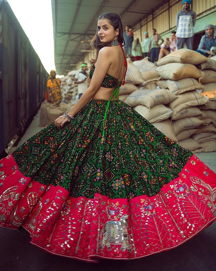 Green butter silk printed and mirror work lehenga choli