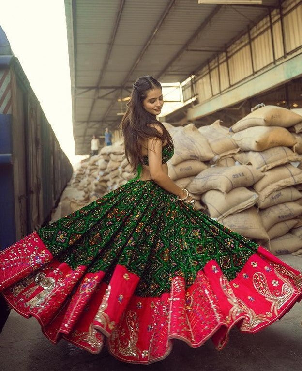 Green butter silk printed and mirror work lehenga choli
