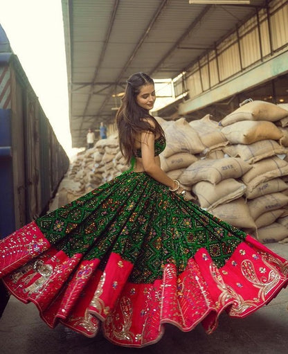 Green butter silk printed and mirror work lehenga choli