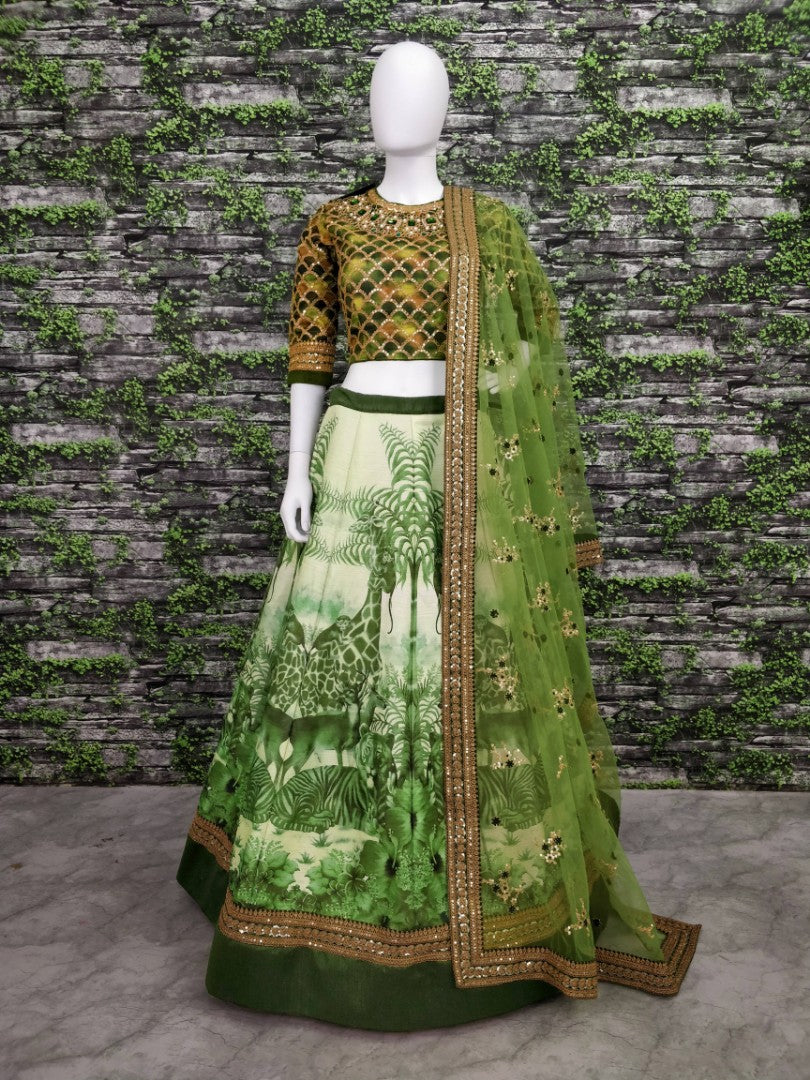 green chennai silk beautiful printed stone and embroidered designer ceremonial lehenga